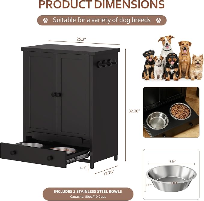 Dog Feeding Station with Storage, Metal Dog Food Storage Cabinet with 2 Elevated Bowls and 3 Hooks, Pet Feeding Station and Dogs Food Storage Organizer