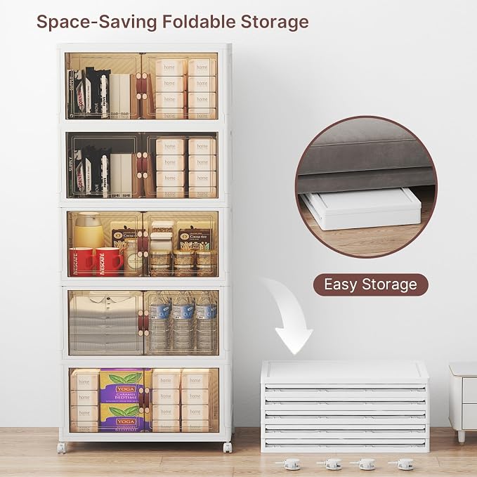 Stackable Storage Bins with Lids, 240QT Lockable Storage Cabinet | Closet Organizers, Foldable Storage Box with Doors and Wheels, Plastic Drawers for Home, Garage, Office (5, White, Medium)