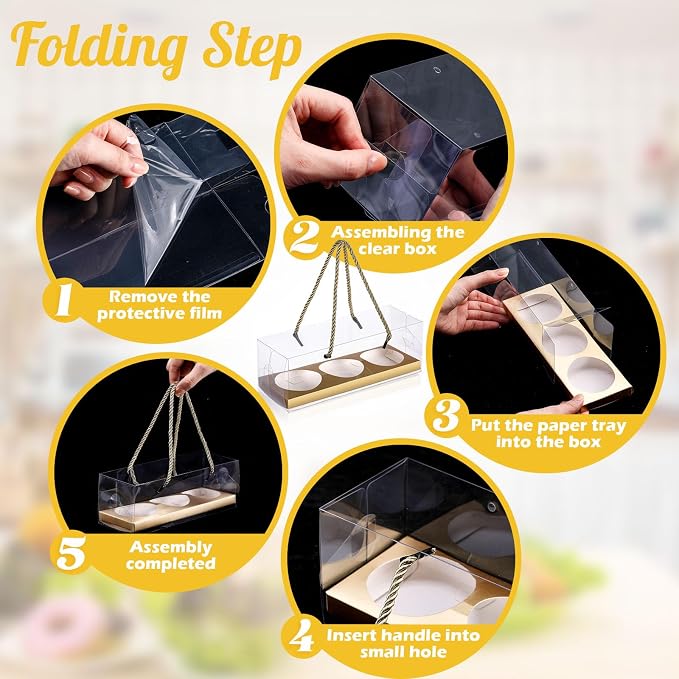 Thenshop 40 Pcs Clear Cupcake Boxes 9x3x3 in 3 Compartment Holder,Gold | Transparent Holders with Handles, Individual Pastry Display for Wedding Graduation Party Favors Cookies Treats Gifts