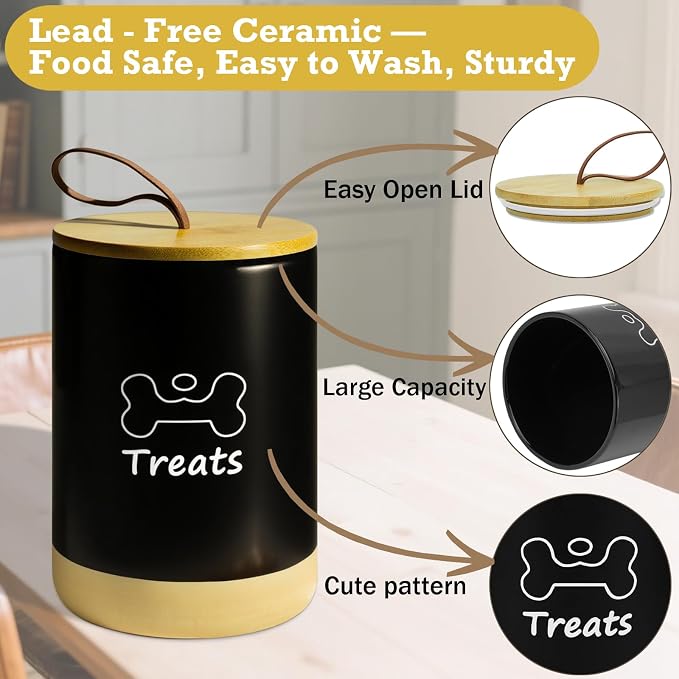 Dog Treat Container Airtight - 5 Inch Wide x 7.5 Inch Black Ceramic Dog Treat Jar for Kitchen Counter, Doggie Cookie Jar with Airtight Bamboo Lid - Farmhouse Style Dog Food Storage Container