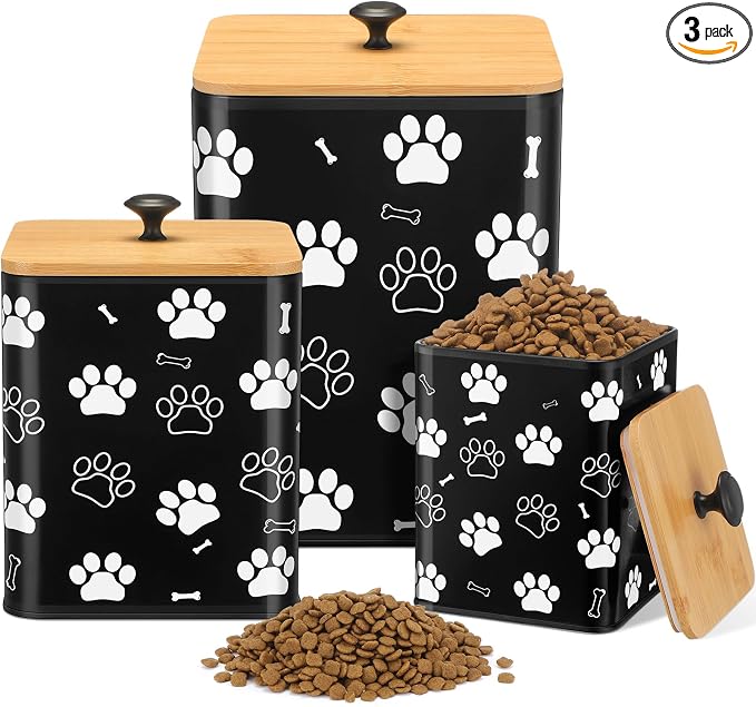Reallnaive Airtight Dog Treat Container Set of 3 with Bamboo Lids Metal Treat Jars for Countertop Decorative Pet Snack Food Storage Canister Kitchen Biscuit Holder(Black)