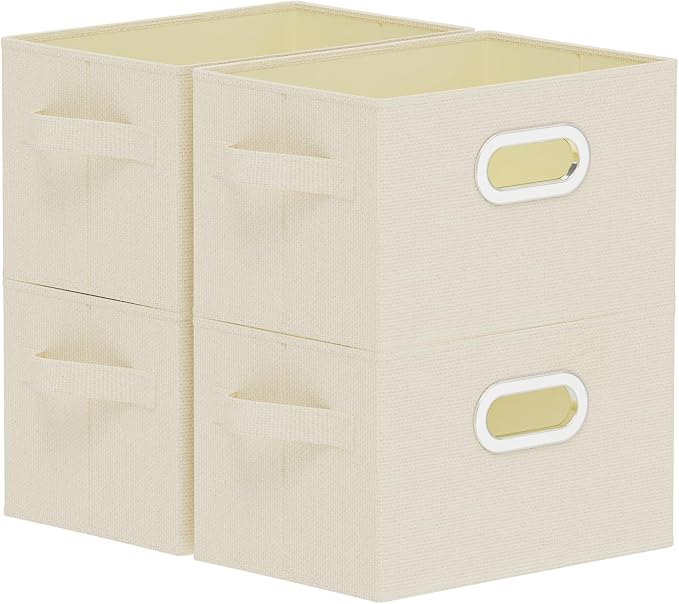 Collapsible Open Storage Baskets,10.2x7.9x6.7in,Beige,4 Pack | Storage Bins with Metal Handles,Rigid PP Panel Organizer Boxes for Organizing Home,Wipeable Garment Basket Cube for Wardrobe