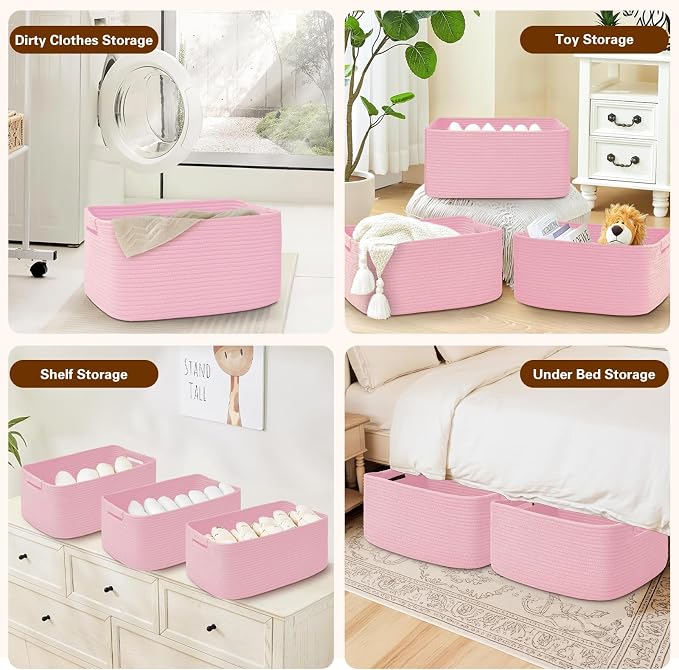 3 Pack Large Storage Basket for Organizing, 17.5"x13"x7" Woven Basket for Shelves, Closet Cube Storage Bins with Wrapped Handle, Cotton Rope Baskets for Kitchen, Clothes, Toys(Light Pink)