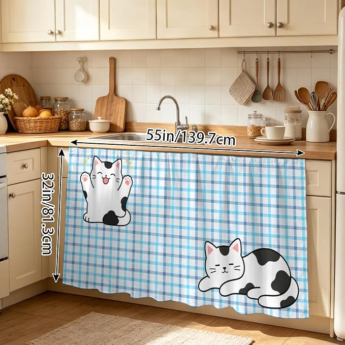 Cute Cat Sink Skirt for Bathroom, Self-Adhesive Under Sink Curtain, Blue Purple Checked Modern Pet Cats Rustic Hide Pipes & Storage Fabric Cabinet Skirt Cover for Kitchen Laundry 32"x55"
