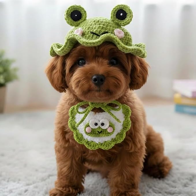 Handmade Knit Dog Costume – Adjustable Cute Frog Dog Hat & Collar for Cats and Small to Medium Dogs, Perfect for Birthday, Holiday, Daily Wear & Photoshoots