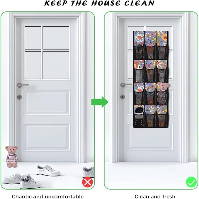 Over the Door Shoe Organizer,Retro Hippie Floral Pattern Behind Door Shoes Hang Holder Rack,Hanging Shoe Storage Hanging Bag Space Saver Waterproof Reusable