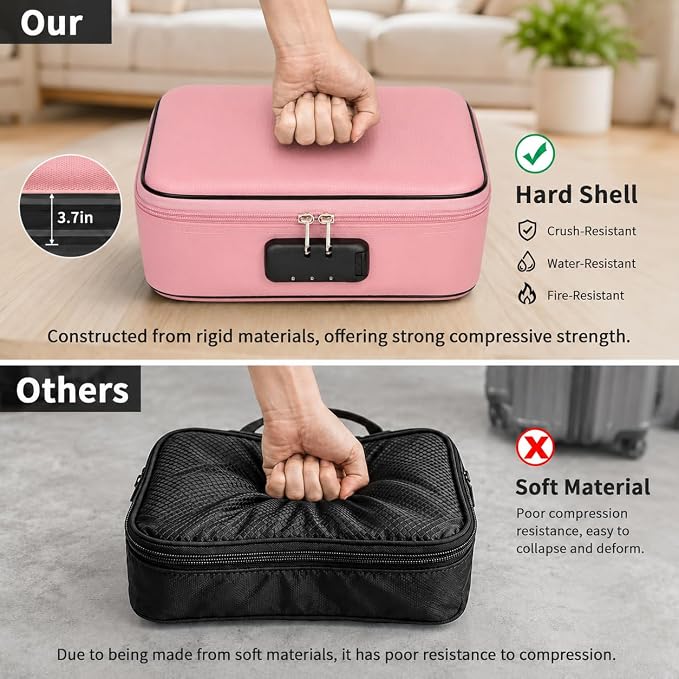 Fireproof Travel Jewelry Organizer Case with Lock & 6 Binder Pages | Silicone-Coated Fiberglass, Tangle-Reducing Layout Clear Storage Book for Necklaces Earrings Rings Bracelets-Bag Only Pink