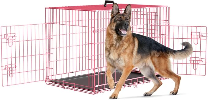 Large Dog Crate Kennel Metal Dog Cage for Medium Large Dogs Double-Door Folding Travel Indoor Outdoor Puppy Playpen with Divider and Handle Plastic Tray,42",Pink