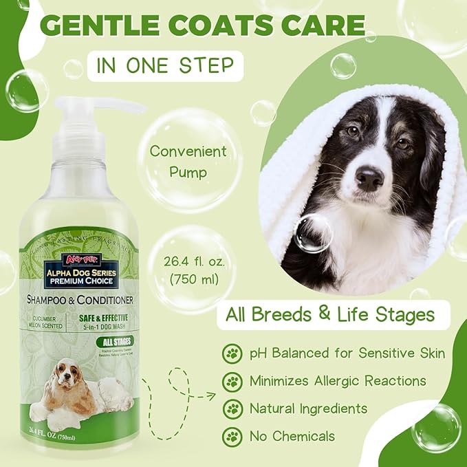 Alpha Dog Series All Stages Natural Dog Shampoo and Conditioner Set with Aloe Vera pH Balanced Dog Grooming Shampoo and Conditioner for Dogs, Tear-Free Moisturizing Dog Shampoo, 26.4 Oz (Pack of 6)