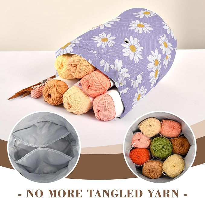 Fustylead Cute Daisy on Light Purple Background Yarn Crochet Tote Basket, Large Knitting Drawstring Organizer Yarn Storage Bag for Crocheting Project, Sewing Supplies, Yarn Balls, Needles