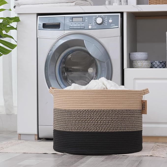 COMFY-HOMI XXXL Large Laundry Basket, Cotton Rope Nursery Woven Basket for Storage, Blanket Baskets Living Room Laundry Hamper, Dog Toy Storage Organizer, Home Decor-21''x21''x13.6''-Jute and Black