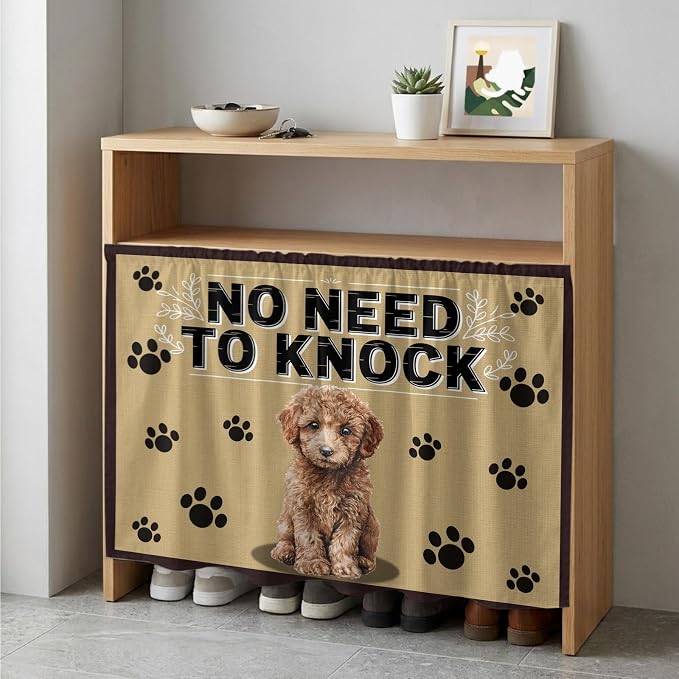 NO Need to Knock Cabinet Dishwasher Hidden Curtains, Privacy Closet Door Curtain, Poodle Dog Paw Prints Pet Lover Farmhouse Adhesive Dust Proof Under Sink Skirt for Bathroom Kitchen 35"x35"
