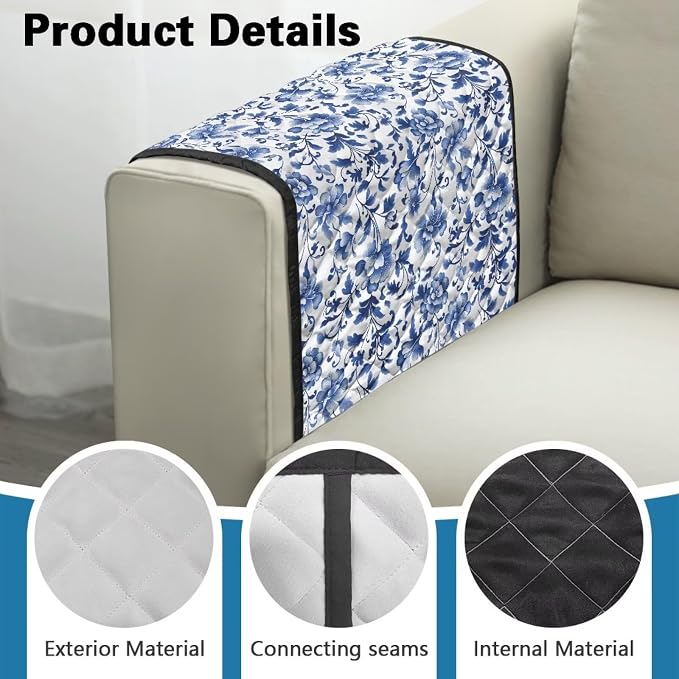 Stretch Armrest Cover for Chairs Sofa Armchair Covers for Arms Dustproof Couch Arms Covers Arm Rest Protector for Sofa Non Slip Lounge Chair Arm Protector Blue Floral