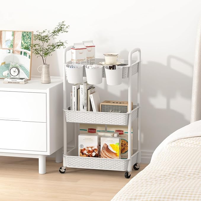 MOYIPIN 3-Tier Plastic Rolling Utility Cart with Handle,White | Utility Storage Cart for Office, Living Room, Kitchen,Movable Storage Organizer，Easy installation，Rattan-like art design