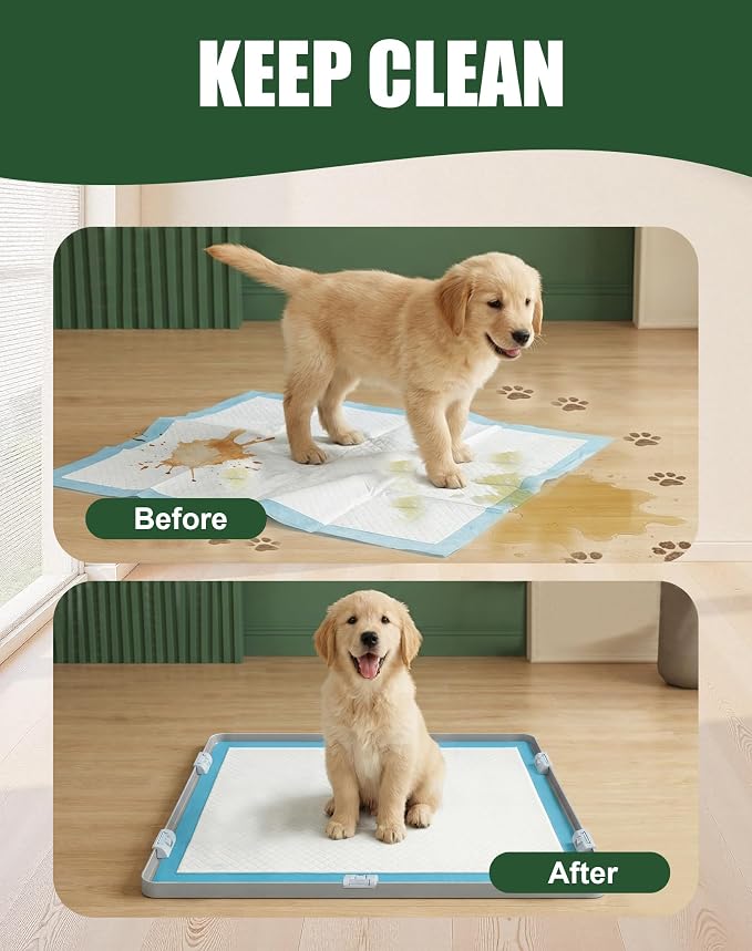Dog Pee Pad Holder with 6 Clips, 24x24 Inch Silicone Puppy Pad Tray, Raised Edge Leak-Proof No Spill Mat for Dog Training Pads, Non-Slip Potty Holder for Indoor Floor Protection, Gray