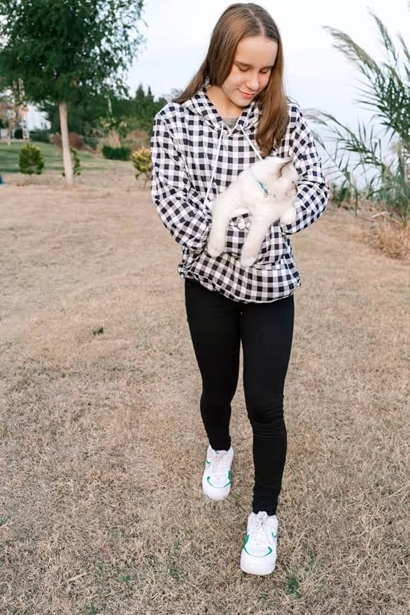 Pet Pouch Hoodie - Cat Dog Holder Sweatshirt Large Pocket Carrier Pullover Tops for Women (Black+White, Large)