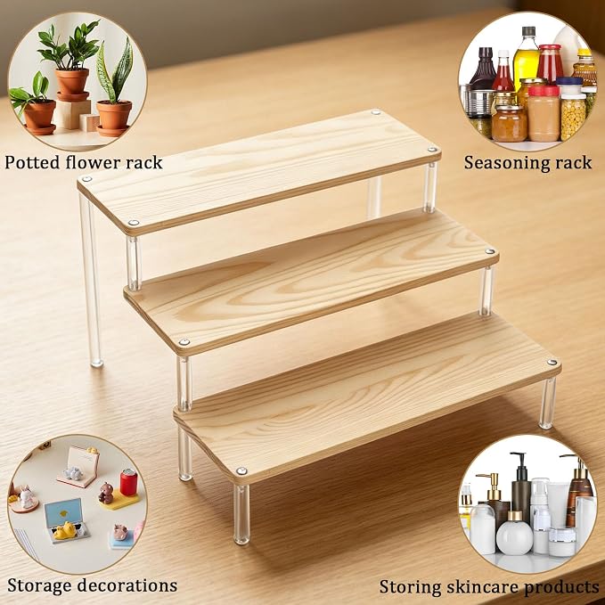 3-Tier Wood and Acrylic Can Organizer for Pantry, Countertop Canned Food Storage Rack, Tiered Display Shelf for Soup, Soda, Pet Food, Kitchen Cabinet