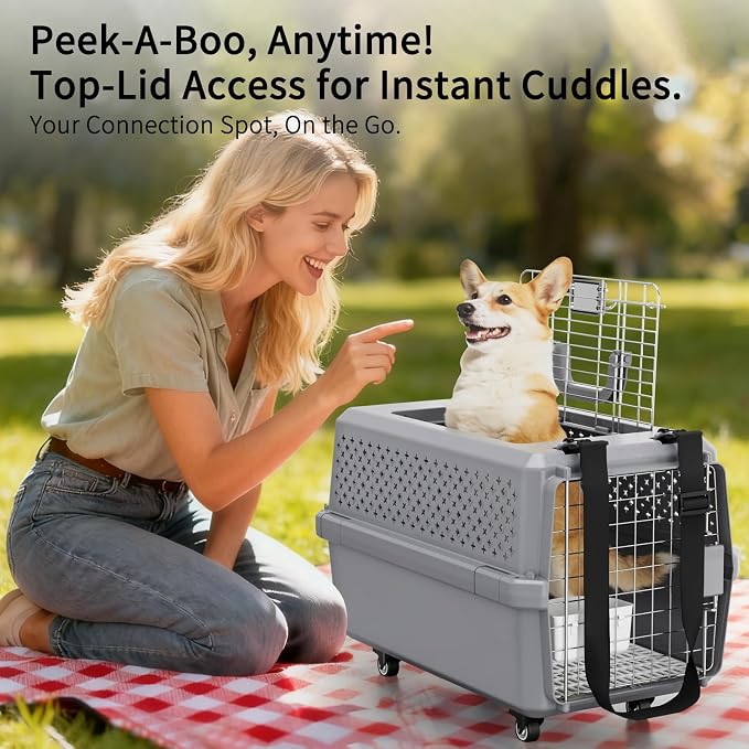 Hard-Sided Elevated Carrier: Rolling Pet Crate Ventilated 25 lbs | Smooth-Rolling Wheels & Pull Strap / Top Access Door / Spacious Interior / 360° Ventilation / Includes Feeding Bowl