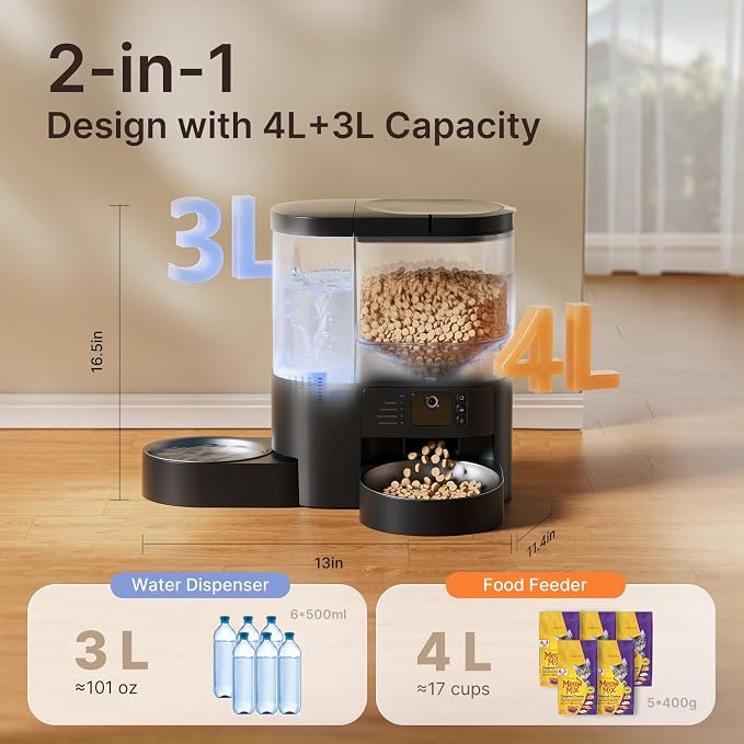 Automatic Cat Feeder with Camera, 2 in 1 Cat Food and Water Dispenser | 2K HD Video and Night Vision, 5G App Controlled Timed Pet Feeder, 4L Food & 3L Gravity Waterer, 2-Way Audio for Cat Small Dog