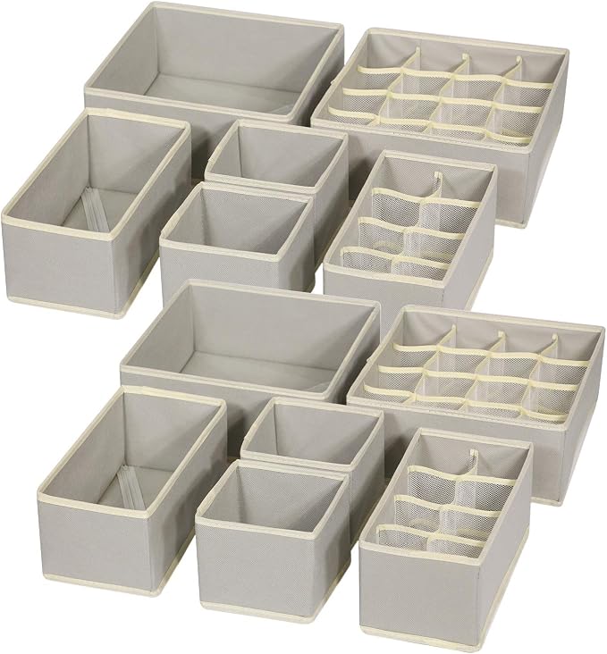 TENABORT 12 Pack Foldable Drawer Organizer Dividers Cloth Storage Box Closet Dresser Organizer Cube Fabric Containers Basket Bins for Underwear Bras Socks Panties Lingeries Nursery Baby Clothes Gray