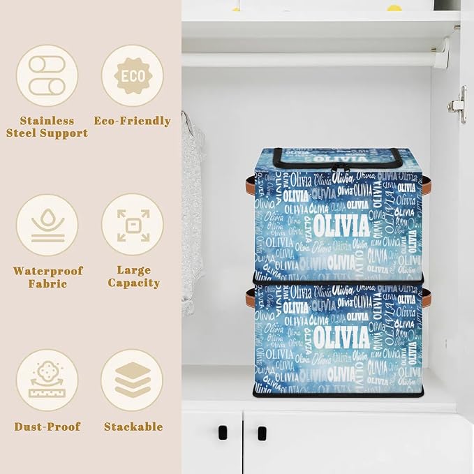 Personalized Storage Bins with Zipper Lid, Customized Name Storage Basket Rectangle Clothes Organizer for Organizing Kids and Pets Toys Shelf Closet, Watercolor Blue Starry Night