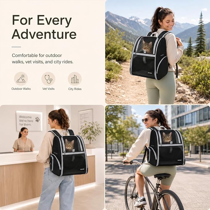 Cat Backpack Carrier for Small Dogs and Medium cat Puppy Kitten Bunny Pet Carrier Backpack Collapsible with Fully Ventilated Mesh with Safety Leash (Black, 12.9" L x 10.62" W x 15.5" H - M)