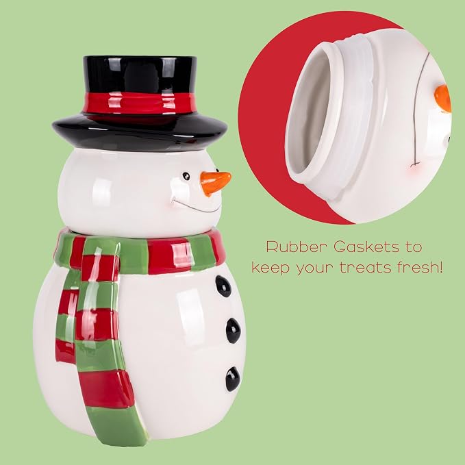 Dolomite Ceramic 11 x 6.5 Christmas Cookie & Candy Jar with Airtight Lid: Perfect for Kitchen Canisters, Pet Treat Containers & Decorative Holiday Storage, Snowman Striped Scarf & Top Hat
