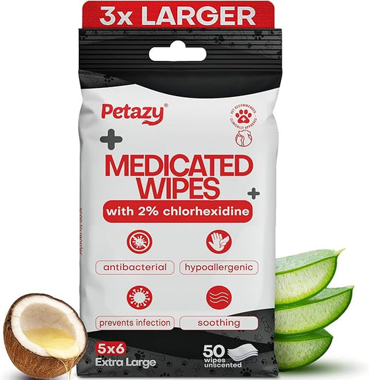 Petazy 2% Chlorhexidine Wipes for Dogs 3X Larger | Yeast Infection Ringworm Fungus Hot Spot Itch Relief | Medicated Antibacterial Antifungal Gentle Soothing Topical Wipes for Dog Cat | 50 Wipes 5x6