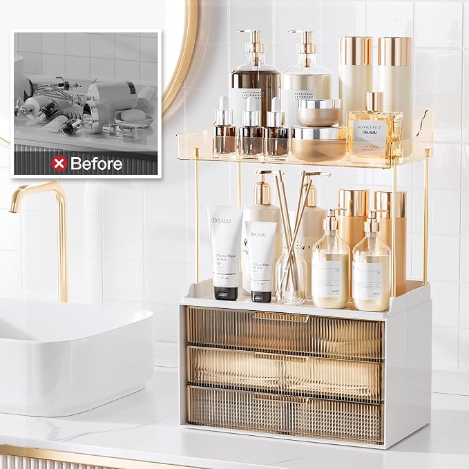 Delamu 5-Tier Makeup Organizer, Bathroom Counter Storage, 3 Drawers, Amber | Elegant Vanity Organizer Gift for Women, Holds Perfume, Skincare, Nail Polish & Hair Accessories for Bathroom Countertop