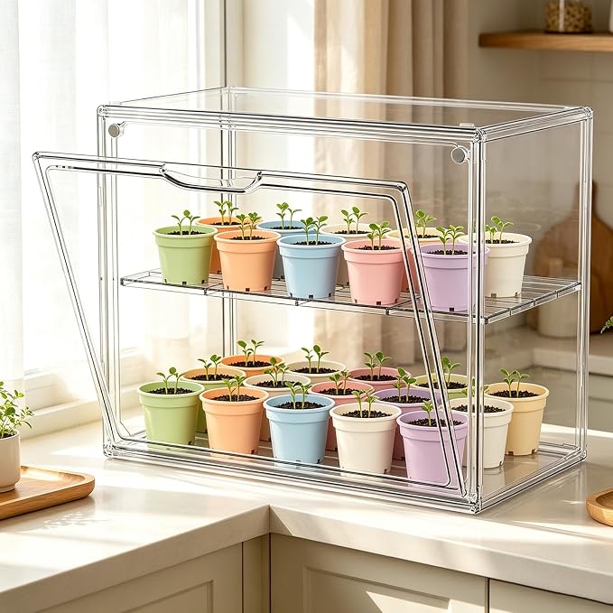 HOYOJA Large Acrylic Display Case for Collectibles, Acrylic Box with Compartment Divider Clear Mini Greenhouse for Indoor, Small Green House with Magenetic Door, 1 Pack