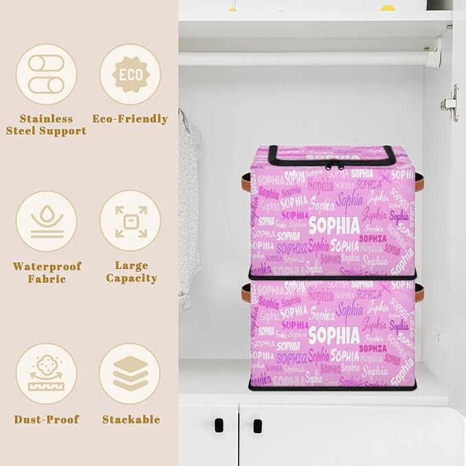 Custom Name Storage Bin with Lid Zipper, Personalized Pink Rectangular Storage Basket with Handles for Organizing Boys Girls Toys Office Closet Shelf Baskets