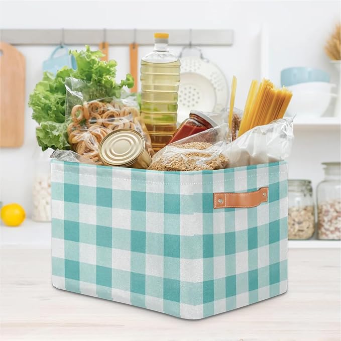 Teal Gingham Storage Boxes Theme Storage Nursery Baskets with Handle Closet Collapsible Organizer Shelf Bins for Book Cloth 15X11X9.5 IN