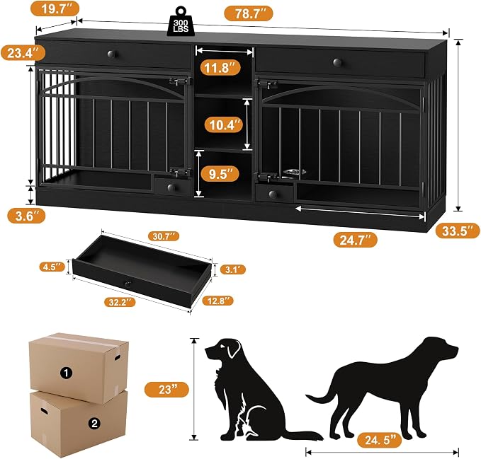 IDEALHOUSE 78.7" Double Dog Crate Furniture with Storage and 2 Doors, Black | Dog Kennel Indoor with Feeding Bowls, Wood Dog Crate TV Stand for Small Medium Dogs