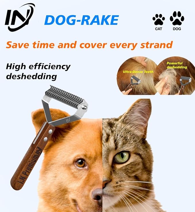 Double Sided Deshedding Large Undercoat rake Dematting Combs for Dogs & Cats, Dog Brush for Shedding for Medium to Long haired Pets (L-DualSided -Sapele)