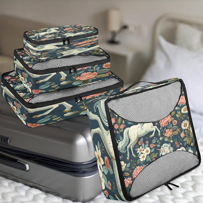 Floral Horse 4 Set Travel Packing Cubes for Accessories, Suitcase Organizers Luggage Bags Set with Double Zippers & Mesh Top
