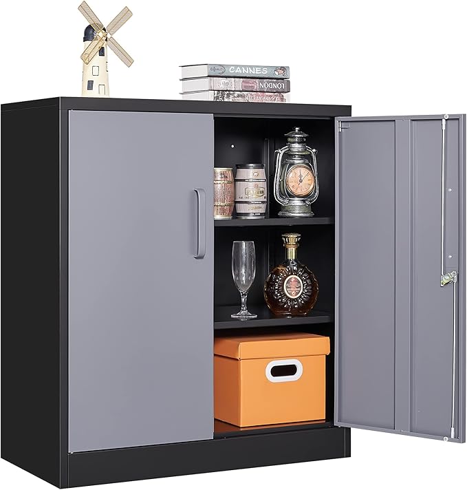 Metal Storage Cabinets with Lock Door and Shelves, Steel Garage Tool Cabinets for Home,Office, Warehouse,Lockers (36“-Black&Gray)