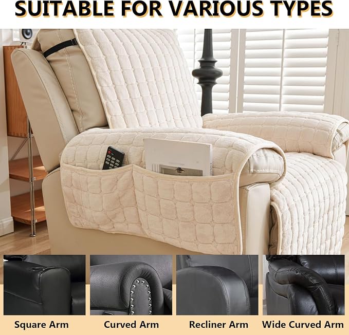 Polyester Flannel Recliner Cover, Non-Slip with 2 Side Pockets | Soft short-pile polyester with silicone backing guards armrests from pet scratches; thick one-piece cover, machine washable.