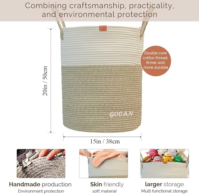 GOCAN large tall sturdier Laundry Hamper Basket Woven Storage Baskets for clothes Pillows Blanket Toy in living or bed room decoration H50XD38cm borwn/beige