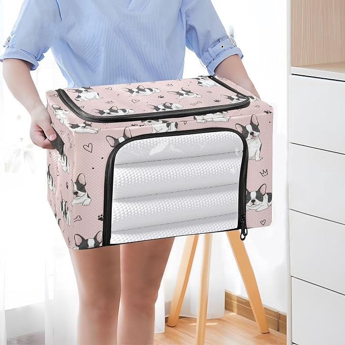 Cute Pet Dogs Pink pattern Under Bed Storage Containers with Double Zipper Openings, Foldable Clothes Storage Bins with Clear Window and Handles for Comforters Blankets Bedding