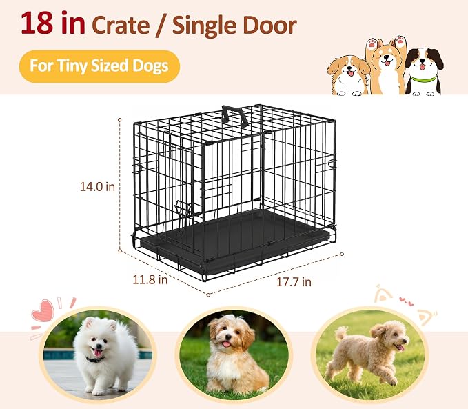 18 Inch Single Door Dog Crate - Foldable Metal Kennel with Removable Tray | Durable Iron Wire Construction & Secure Locking Latches Ensure Pet Safety, Portable Foldable Design For Small Breeds