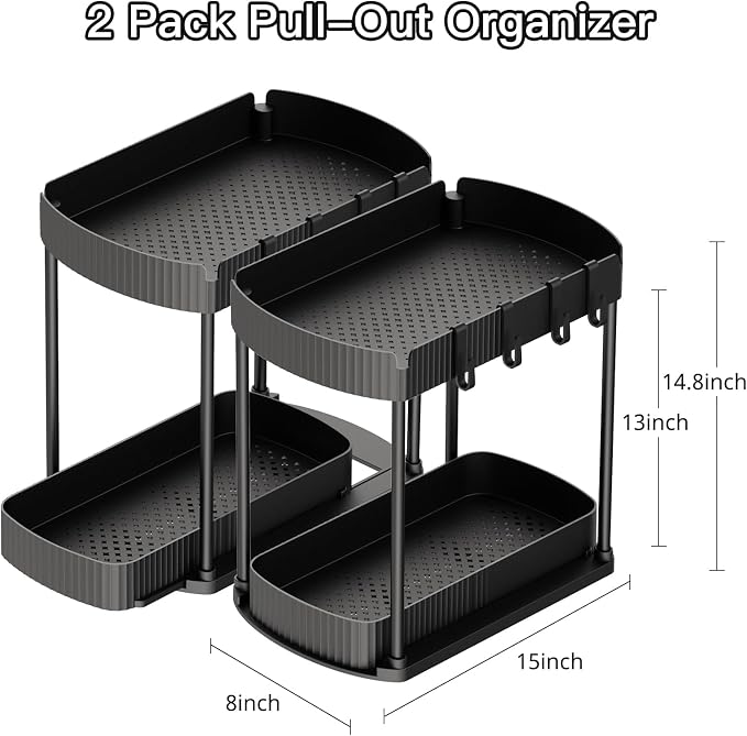 2 Packs Under Sink Pull-Out Storage Organizers, 14.8 Inches, Black | Multi-Purpose Cabinet Organizers and Storage for Bathroom & Kitchen
