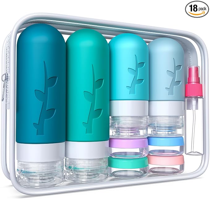 18 Pack Travel Bottles for Toiletries - TSA Approved Silicone Containers, Leak Proof Refillable Liquids Shampoo & Conditioner Essentials