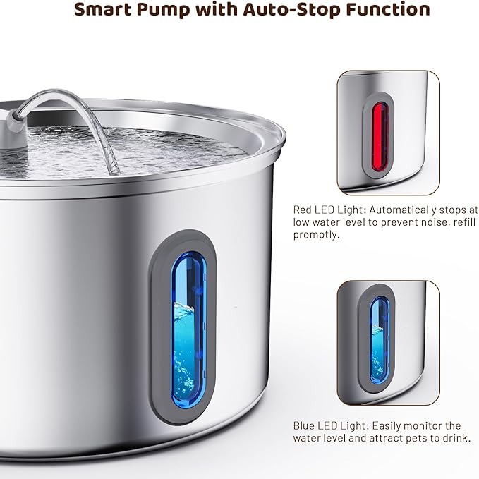 Cat Water Fountain Stainless Steel, 3.2L/108oz Pet Fountains for Drinking with Smart Quiet Pump and Large Water Level Window, Easy-to-Clean Automatic Pet Water Dispenser for Indoor Use