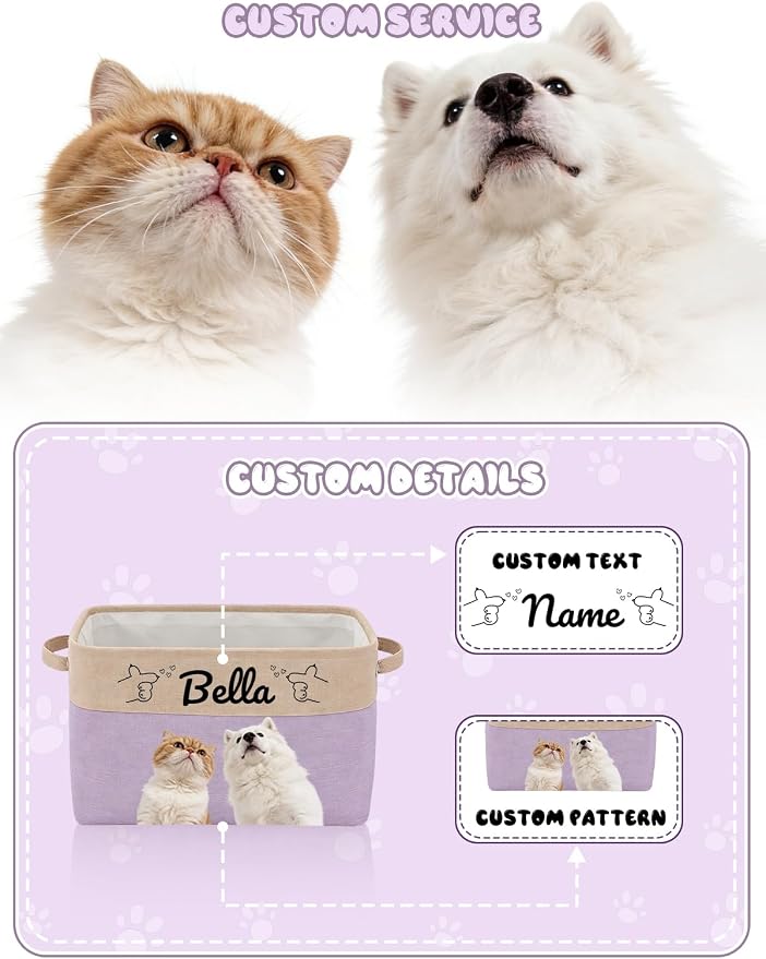 Personalized Dog Toy Storage Basket Bin with Pet's Name & Photo, Custom Collapsible Rectangular Organizer for Dog Cat Toys, Clothes, Blankets & Pet Supplies (Purple)