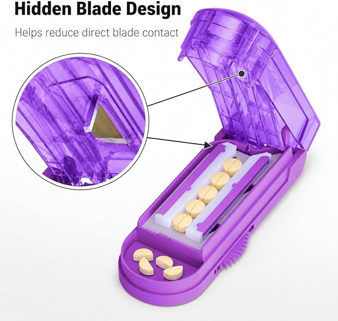 ONE PIX Pill Cutter Splitter for Small and Tiny Pills, Multiple Pill Splitter with Centering Device & Hidden Blade, Adjustable Tablet Cutter for Large Pills, Seniors, Pets, Purple