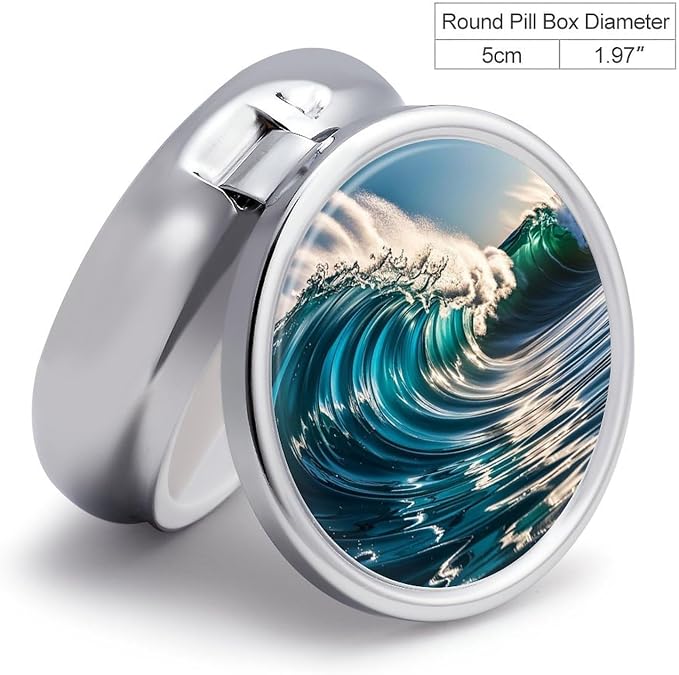 3 Compartment Medicine Pill Case, Ocean Waves Round Pill Box, Portable Decorative Medicine Organizer for Pocket Or Purse Vitamin Organize
