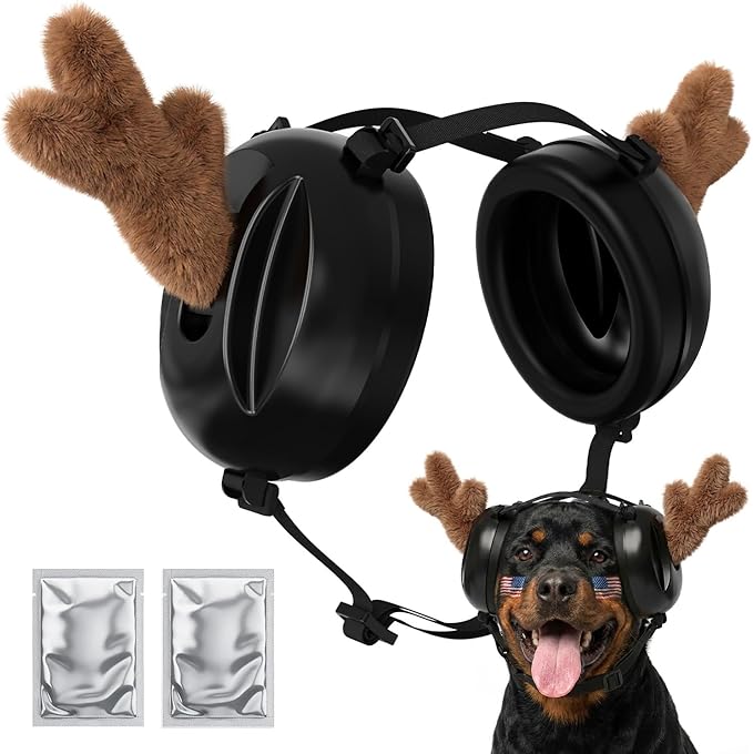 Dog Ear Muffs Noise Protection,Noise Cancelling Dog Ear Muffs for Fireworks, Thunder & Anxiety – Adjustable for Medium to Large Dogs,Calming Lavender Aromatherapy Pads & Detachable Antlers Included
