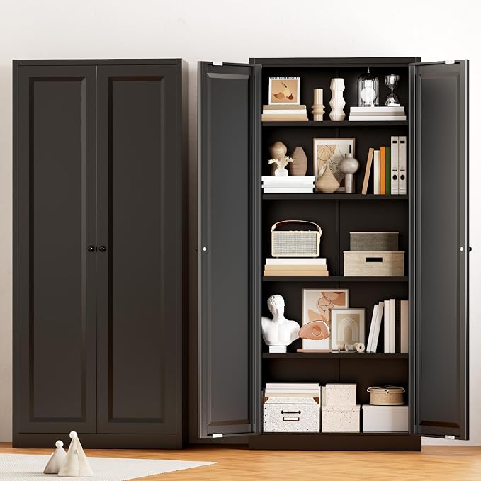 Greenvelly Metal Storage Cabinet, 63" H Black Metal Storage Cabinet with Doors and 4 Shelves, Lockable Steel Cabinets for Living Room, Office, School (Black - Modern)
