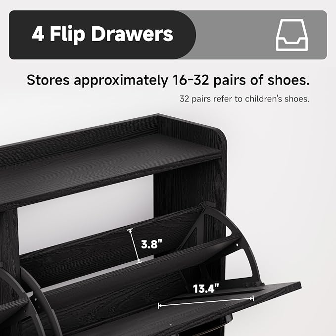 Shoe Storage Cabinet with 4 Flip Drawers, Freestanding Shoe Organizer with Adjustable Shelf & Anti-Tipping Device, Hidden Shoe Rack for Entryway, Hallway, Foyer, Lounge（Black）