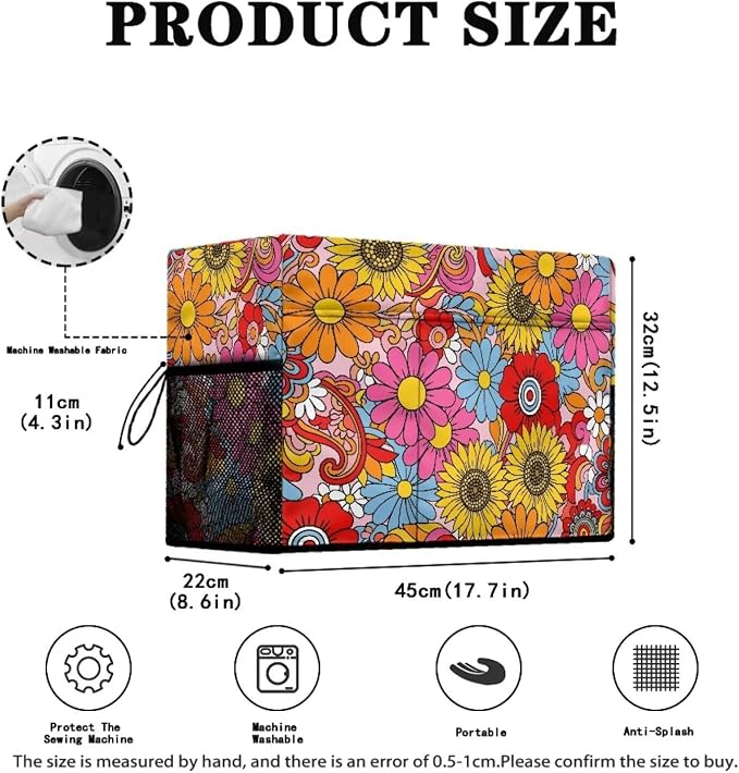 Sewing Machine Cover,Retro Colorful Flowers Print | Dust & Pet Hair Protection,Fits Standard Singer, Brother and Janome Machines, Protecting & Decorating Your Sewing Space